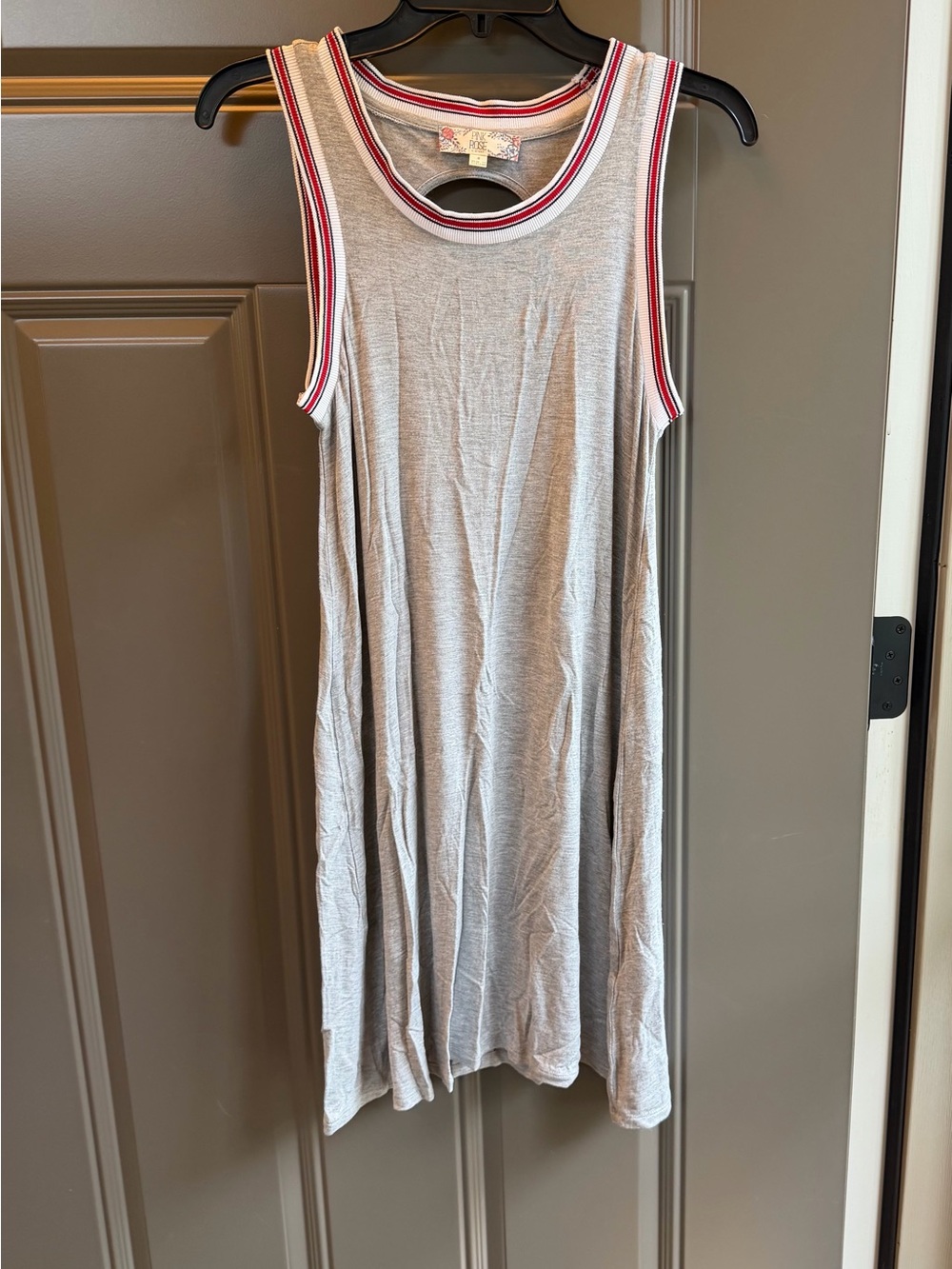 Pink Rose Grey Tank Dress with Red & White Trim and Open Back, Size S
